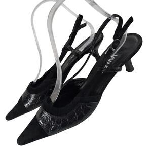 VAN ELI! BLACK GENUINE SUEDE & LEATHER LIZARD PRINT POINTY KITTEN HEELS! SZ 6M